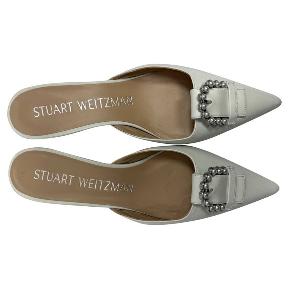 Stuart Weitzman Buckle-Embellished Kitten-Heel Mules in White Leather - Picture 6 of 11